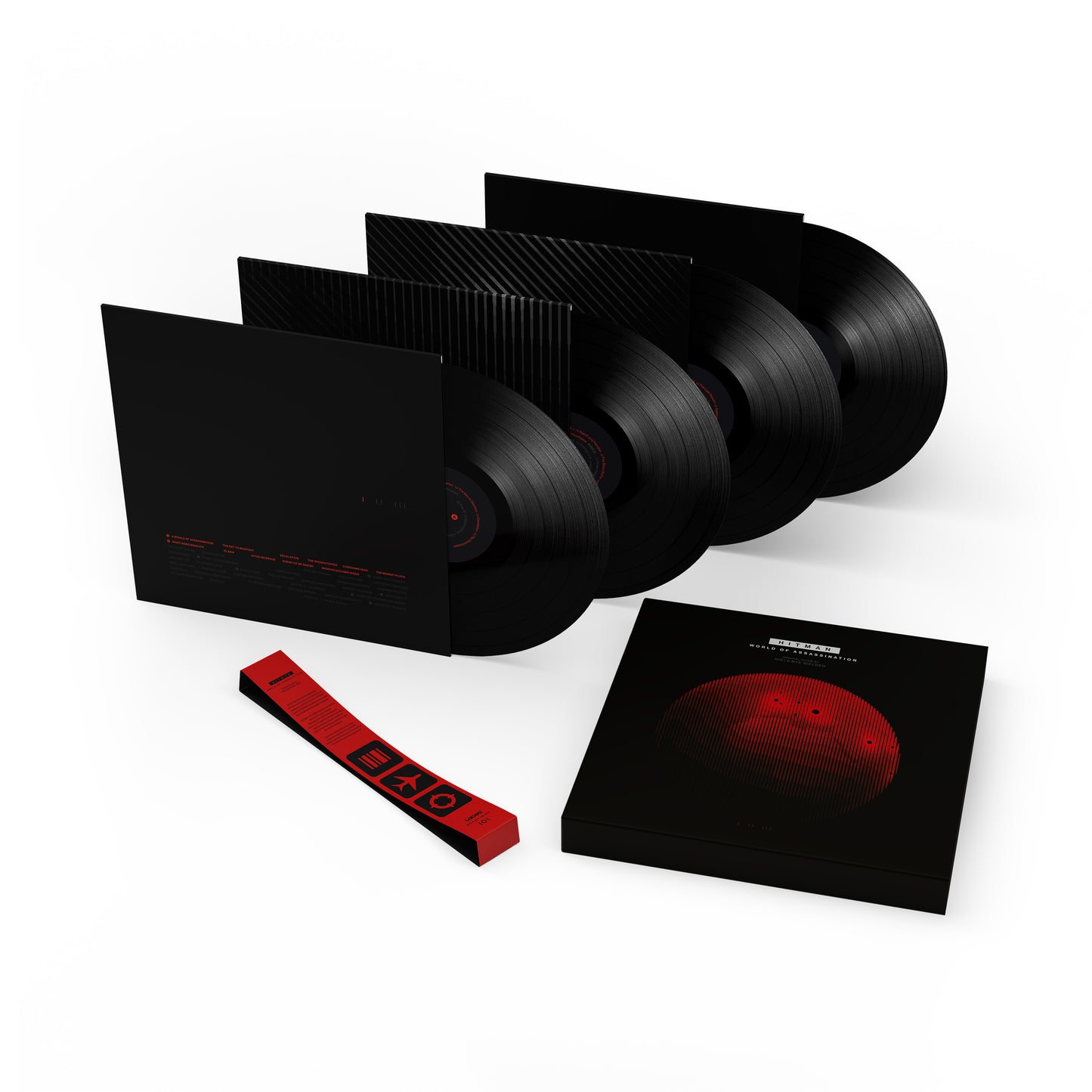 HITMAN World of Assassination soundtrack black vinyl LPs displayed with rigid board slipcase packaging.
