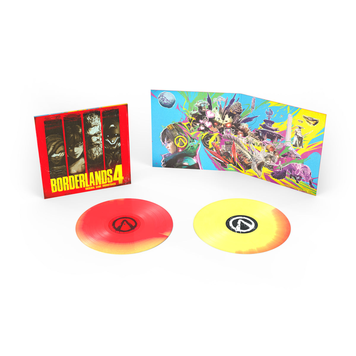 Product shot of the Borderlands 4 standard edition black heavyweight vinyl discs displayed with the deluxe gatefold sleeve artwork by Gearbox Entertainment 