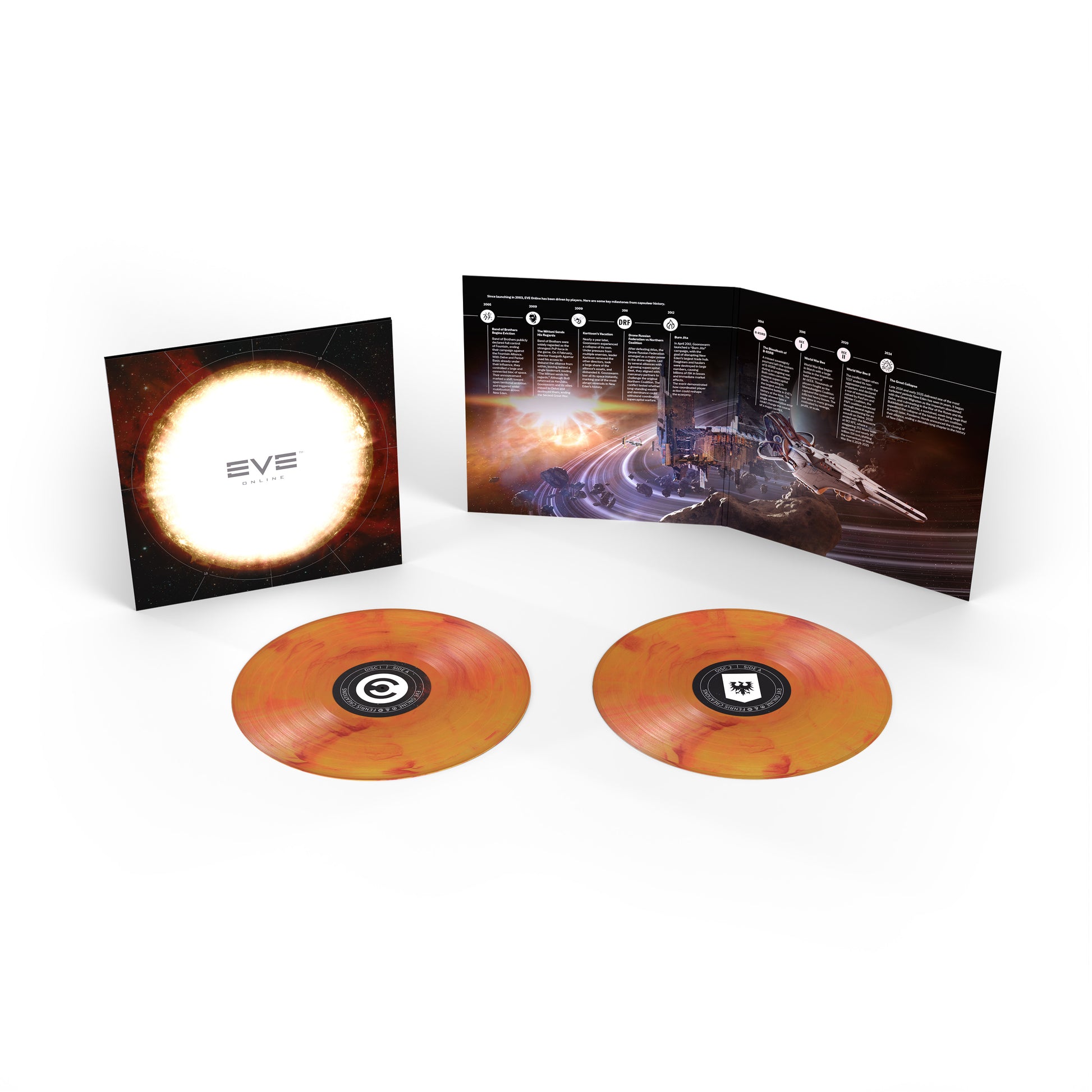 Open gatefold artwork for the EVE Online exclusive vinyl featuring New Eden timeline artwork and premium packaging