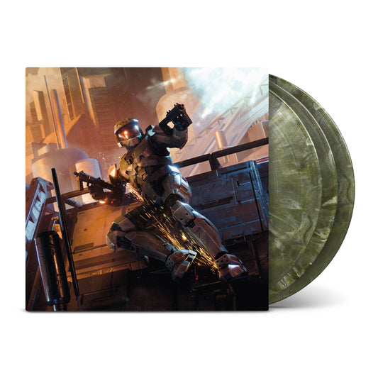 Halo 2 soundtrack vinyl release featuring exclusive Spartan Green heavyweight LPs and official artwork.