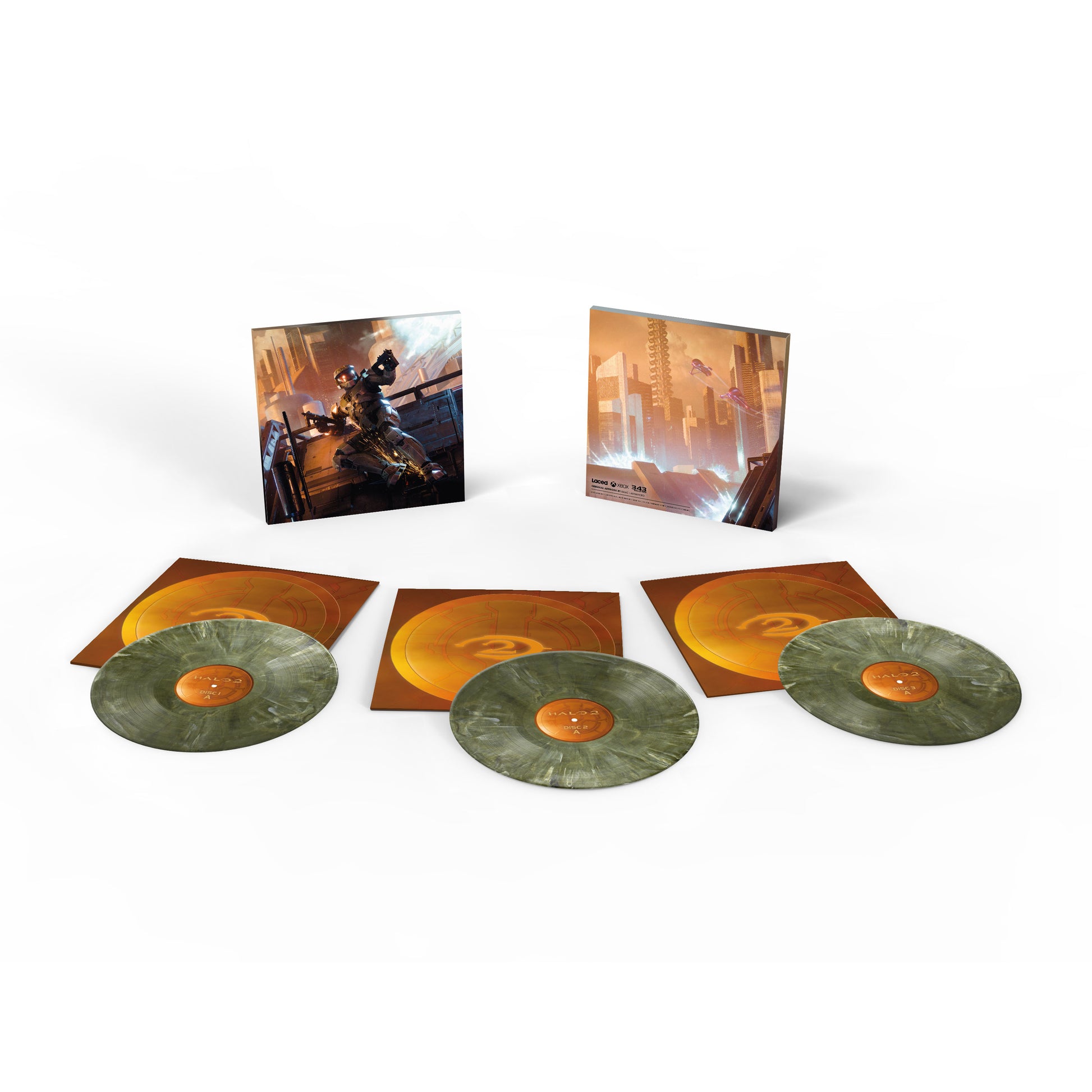 Wide Shot of Halo 2 exclusive Spartan Green marble-effect vinyl LP from Laced Records.