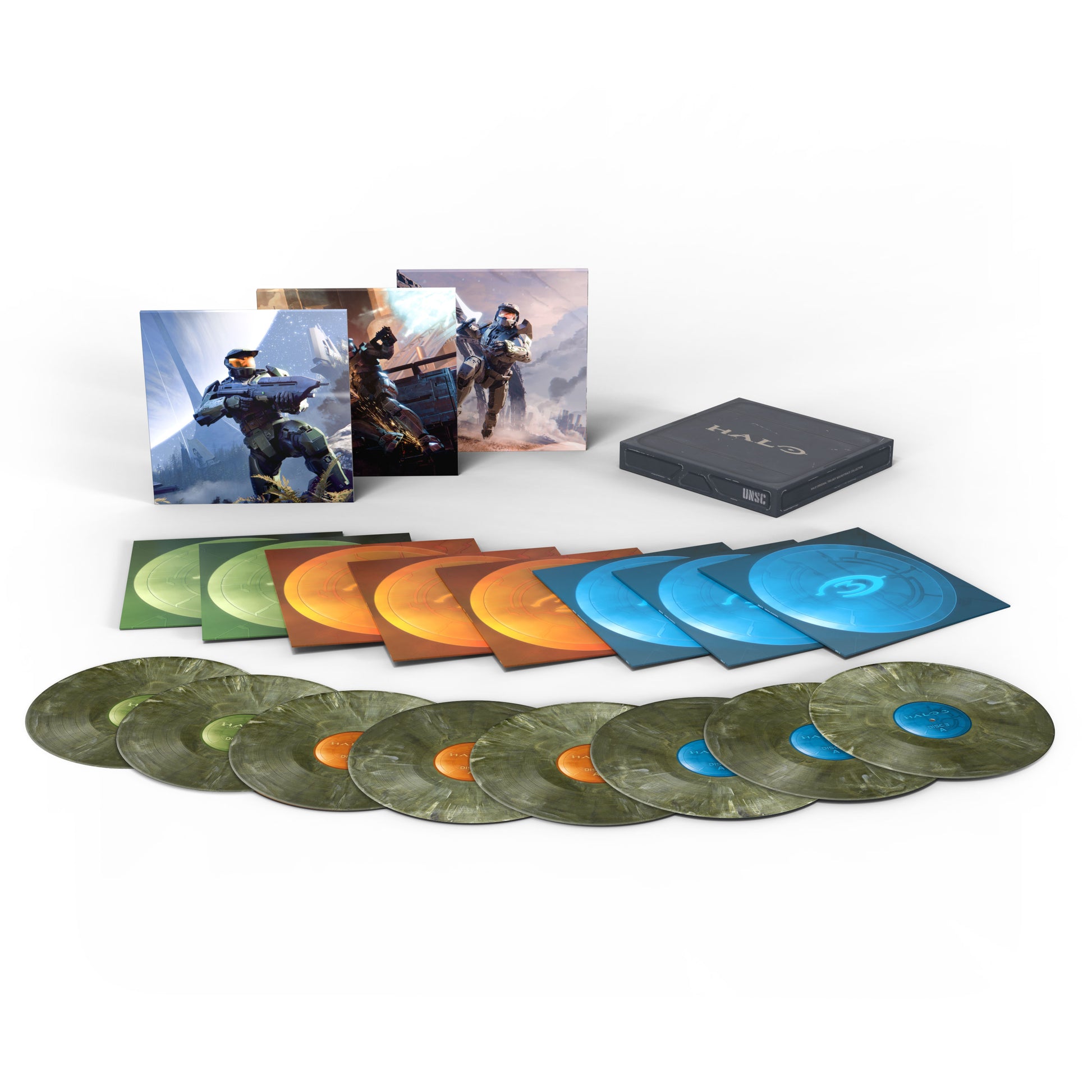 Wide Shot of exclusive Spartan Green marble-effect vinyl LPs from the Halo Trilogy soundtrack collection by Laced Records.