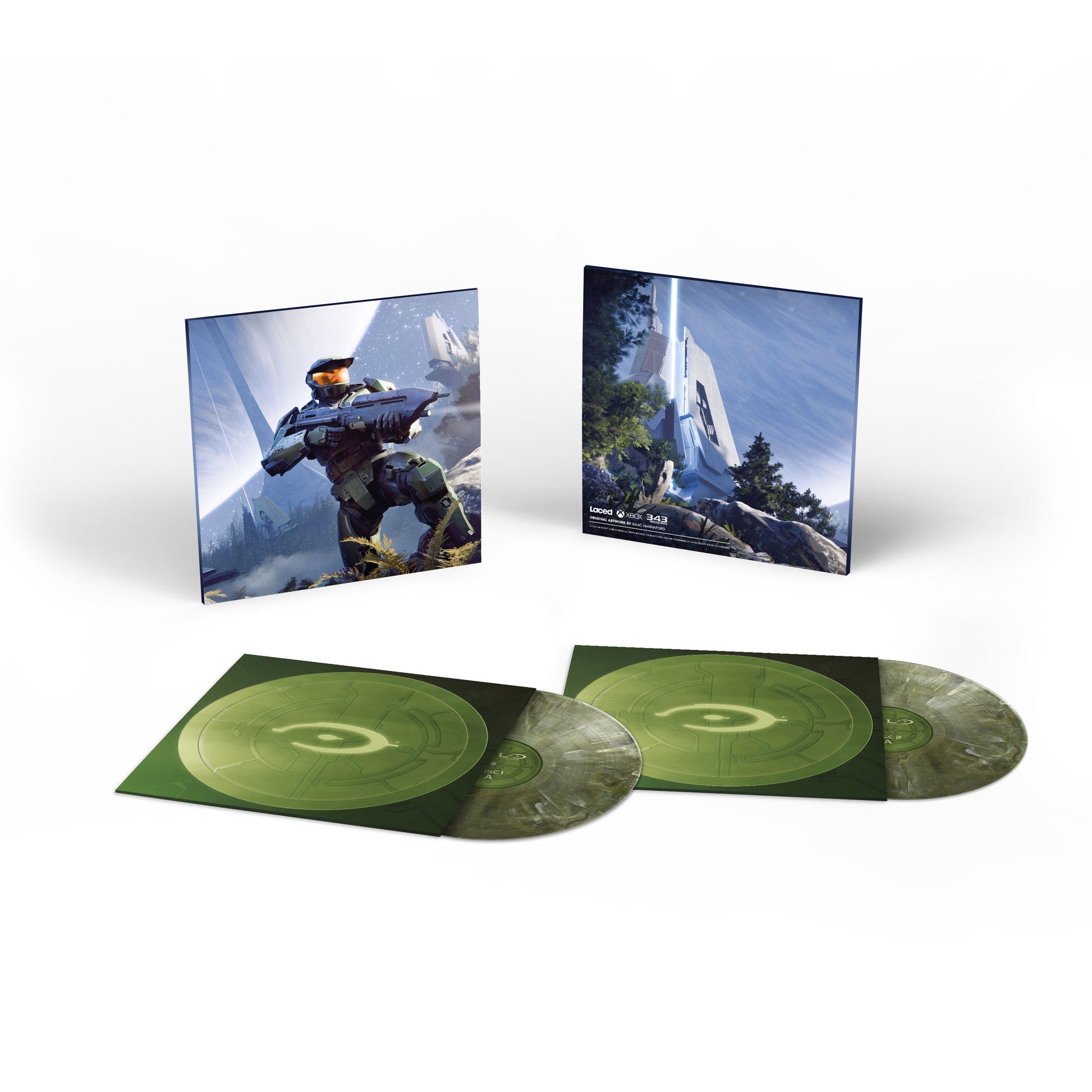 Wide Shot of Halo: Combat Evolved exclusive Spartan Green marble-effect vinyl LP.