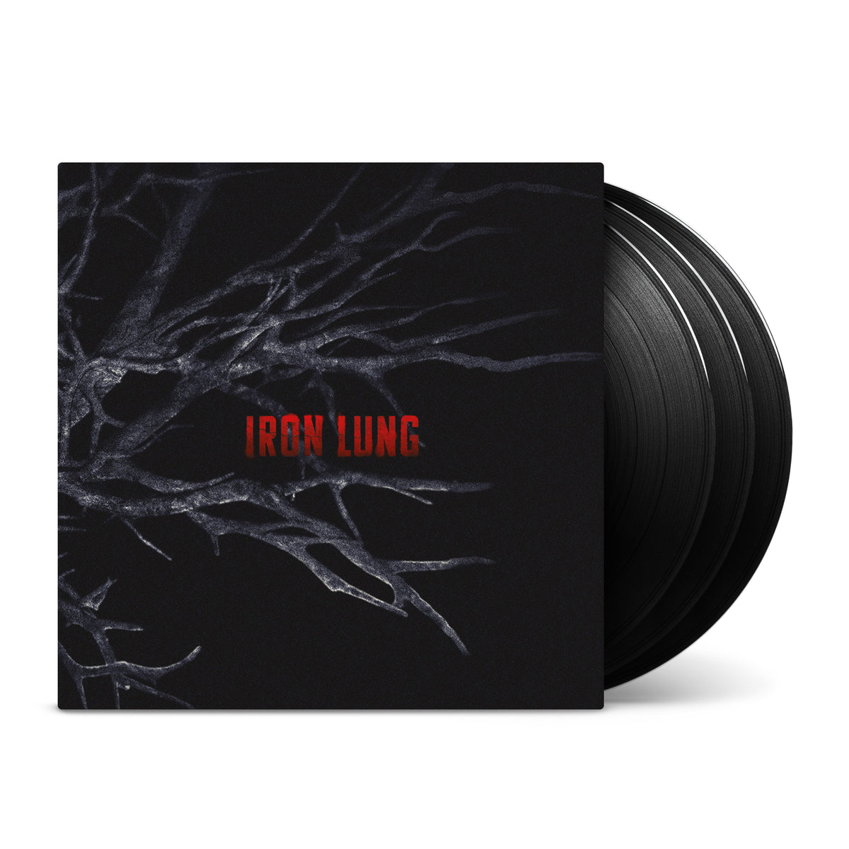 Iron Lung Standard Edition soundtrack on three black heavyweight vinyl records, featuring dark outer sleeve artwork by Molly Brown.
