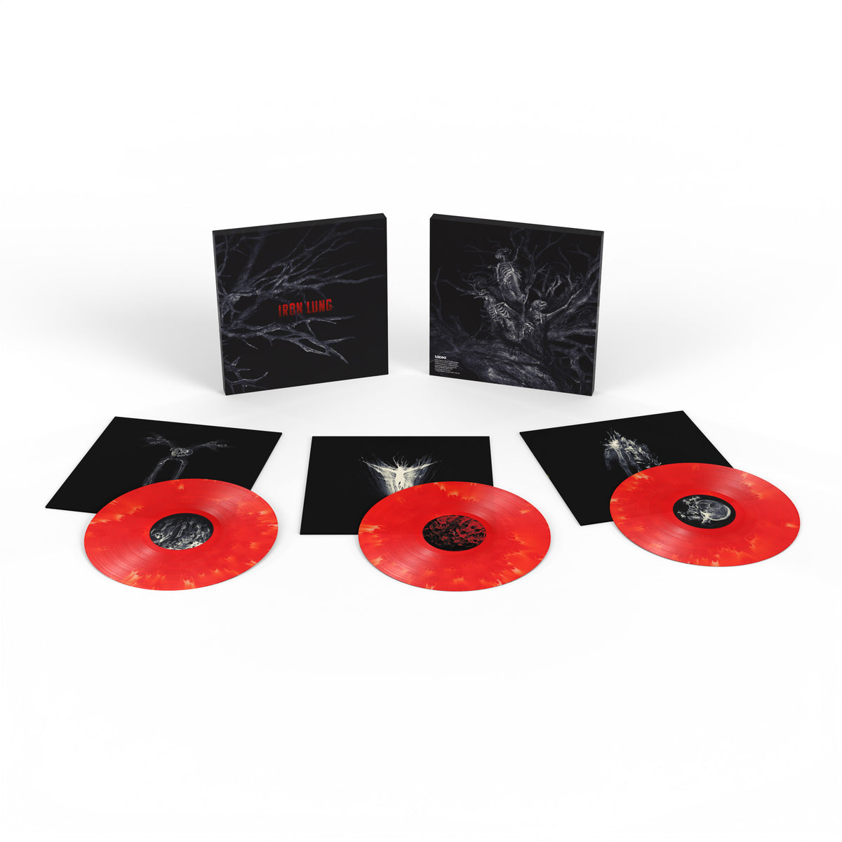 Iron Lung Exclusive Edition 3LP set, showing three 'Blood Ocean' cloudy red vinyl records, wide-spined outer sleeve, and printed inner sleeves