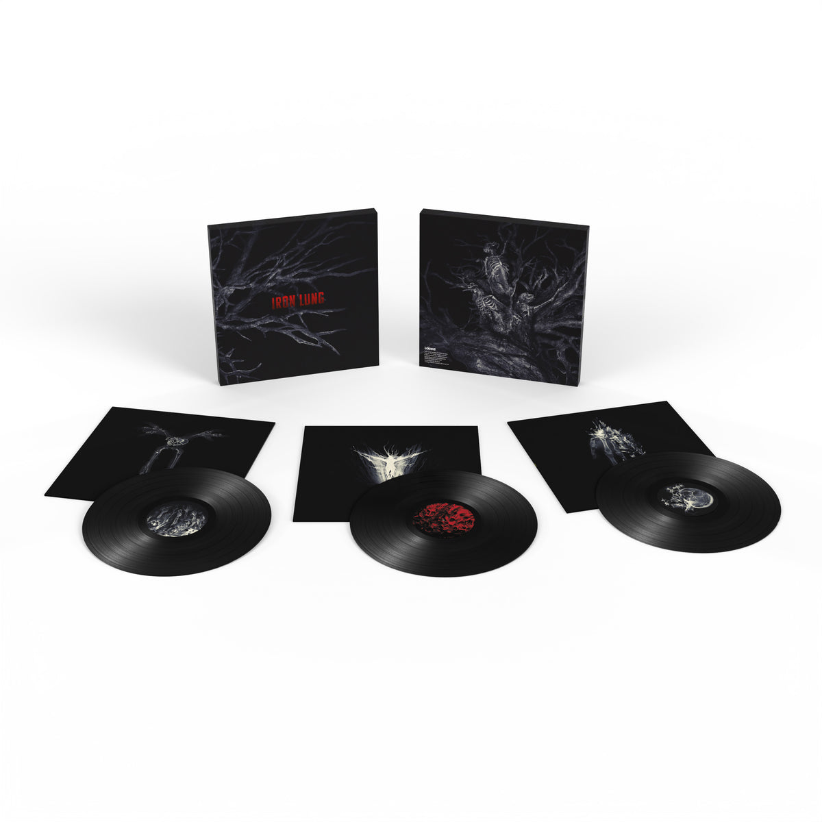 Iron Lung Standard Edition 3LP set, showcasing the three black vinyl records, wide-spined outer sleeve, and illustrated printed inner sleeves.