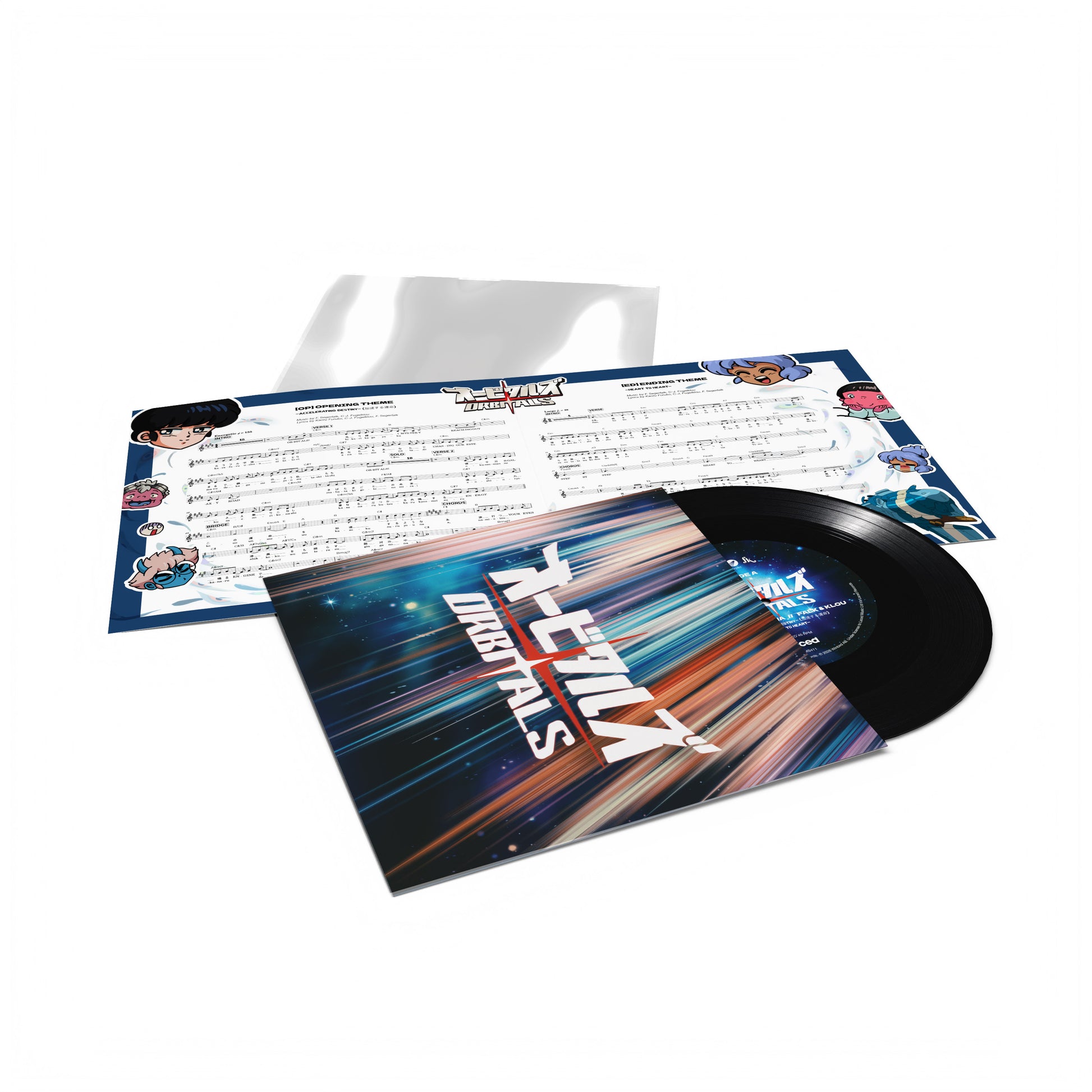 Orbitals Opening & Ending Theme 7-inch vinyl sleeve artwork inspired by classic retro anime