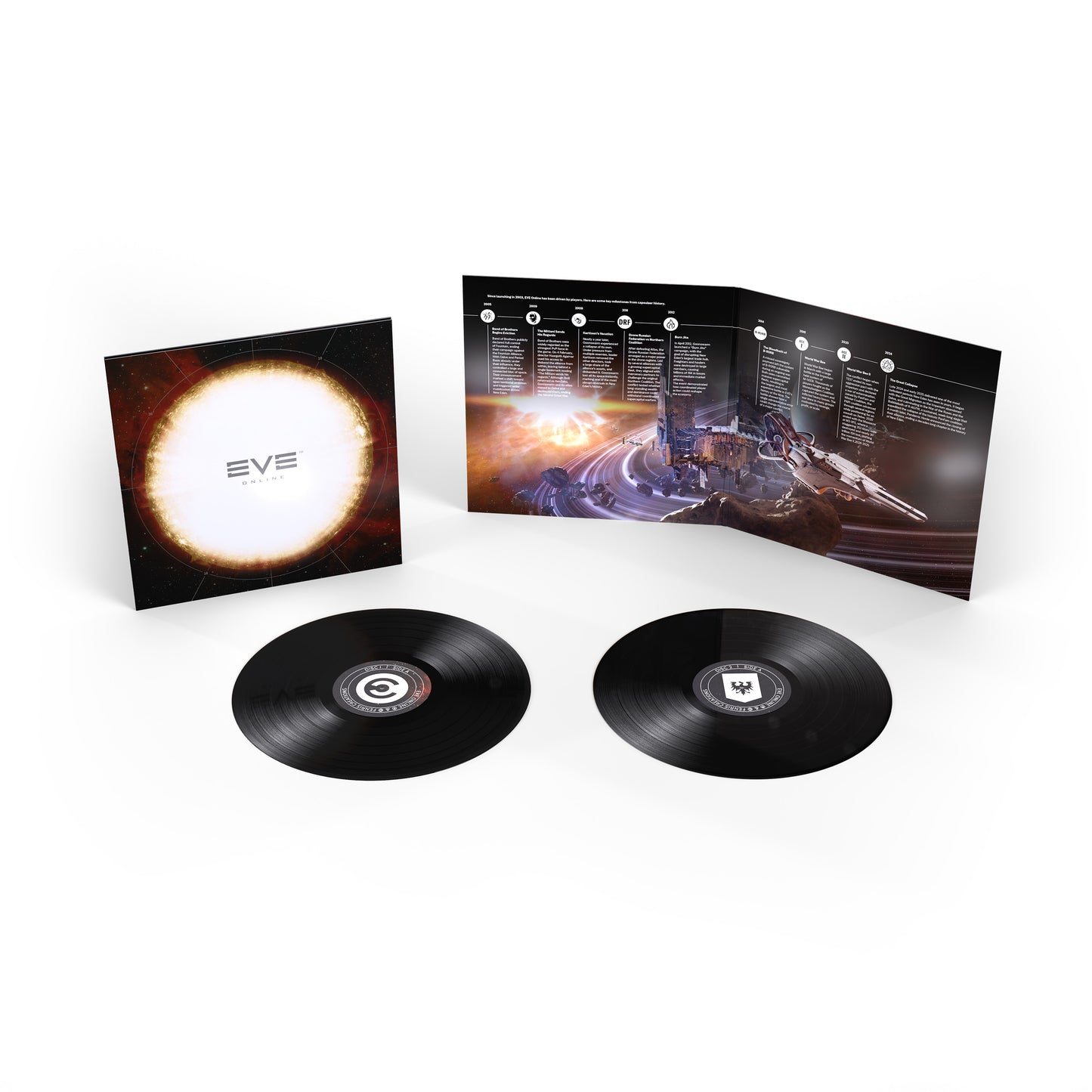 Open gatefold artwork for the EVE Online soundtrack vinyl featuring New Eden timeline artwork and silver board packaging