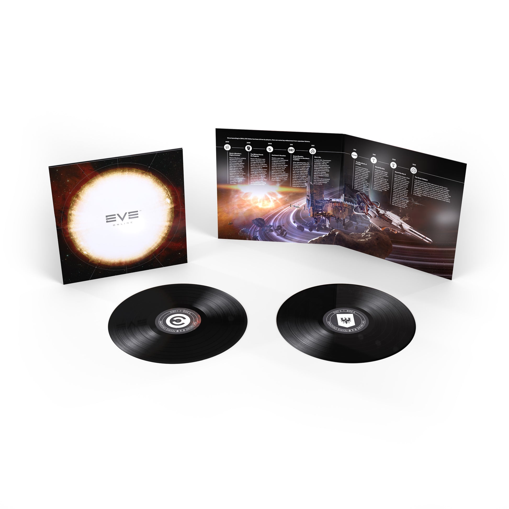 Open gatefold artwork for the EVE Online soundtrack vinyl featuring New Eden timeline artwork and silver board packaging