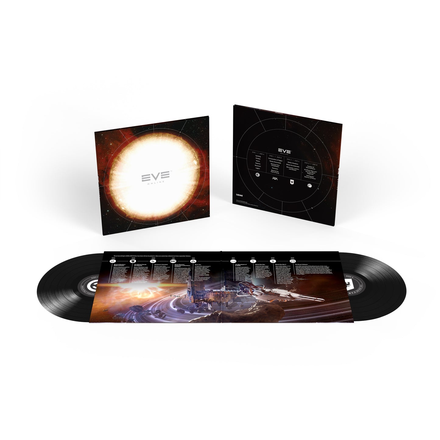 Black heavyweight LPs from the EVE Online soundtrack vinyl release by Laced Records and Fenris Creations