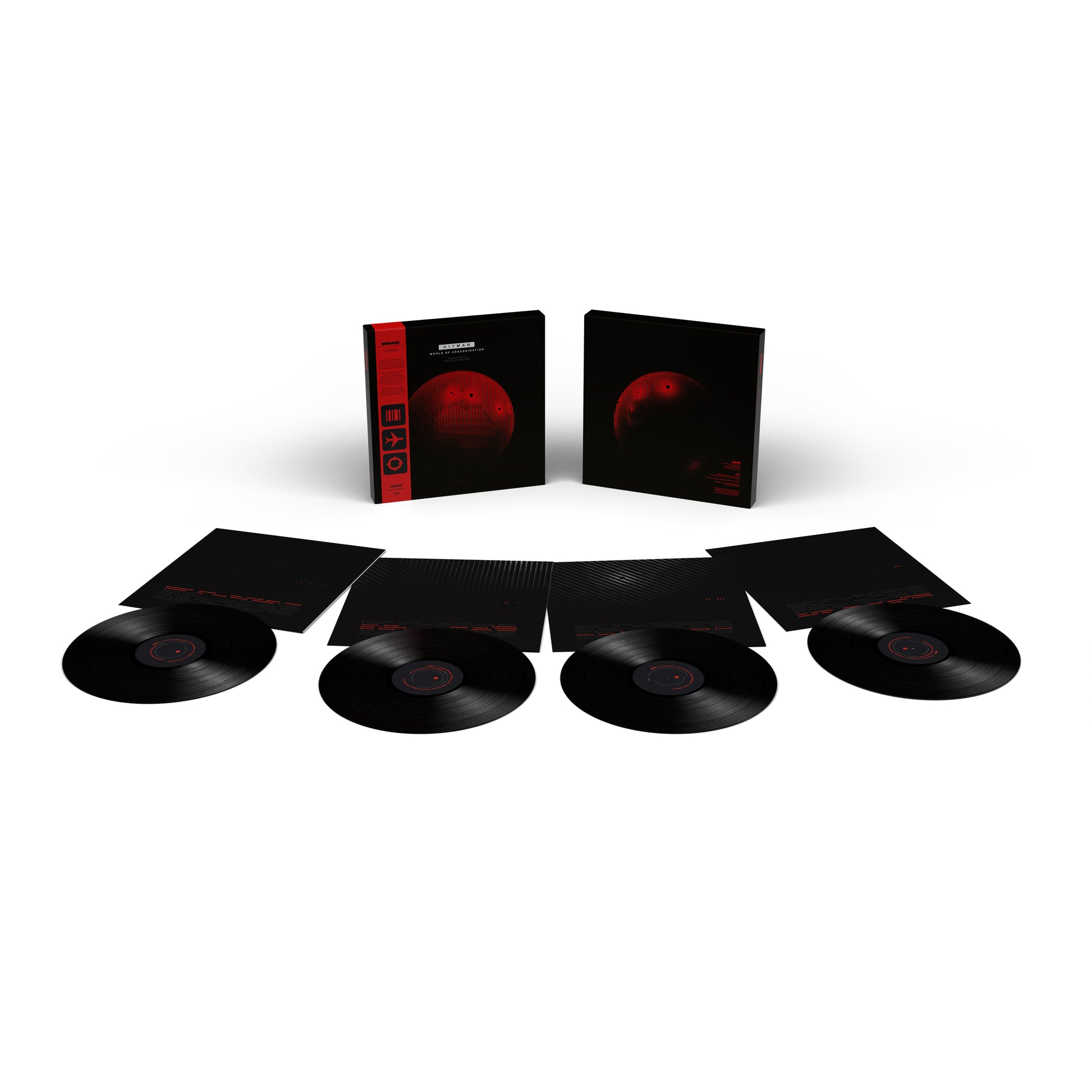 HITMAN World of Assassination vinyl packaging with printed inner sleeves and composer liner notes insert.